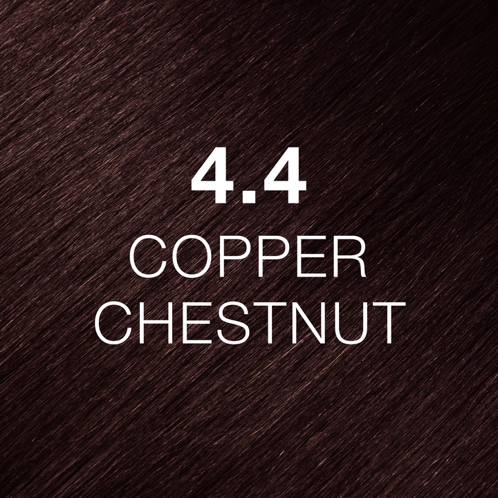 GK Hair Juvexin Cream Color 4.4 Copper Chestnut swatch: deep reddish copper-brown hair texture, shade name in white