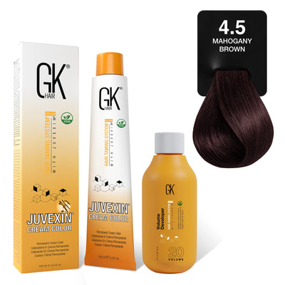 GK Hair's Juvexin 4.5 Mahogany Brown Cream Color product set including Volume Developer.