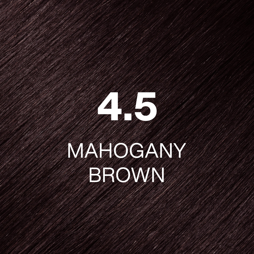 GK Hair Juvexin Cream Color 4.5 Mahogany Brown swatch: dark plum-toned mahogany brown hair texture, white text