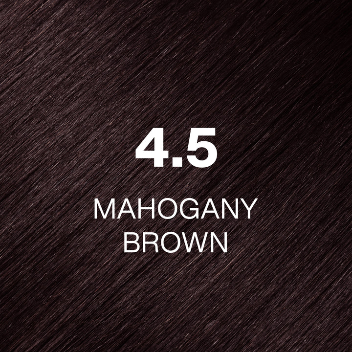 GK Hair Juvexin Cream Color 4.5 Mahogany Brown swatch: dark plum-toned mahogany brown hair texture, white text