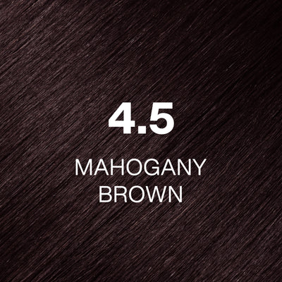 Silky hair texture showcasing the GK Hair's Juxevin Cream Color "4.5 Mahogany Brown" in bold white text.