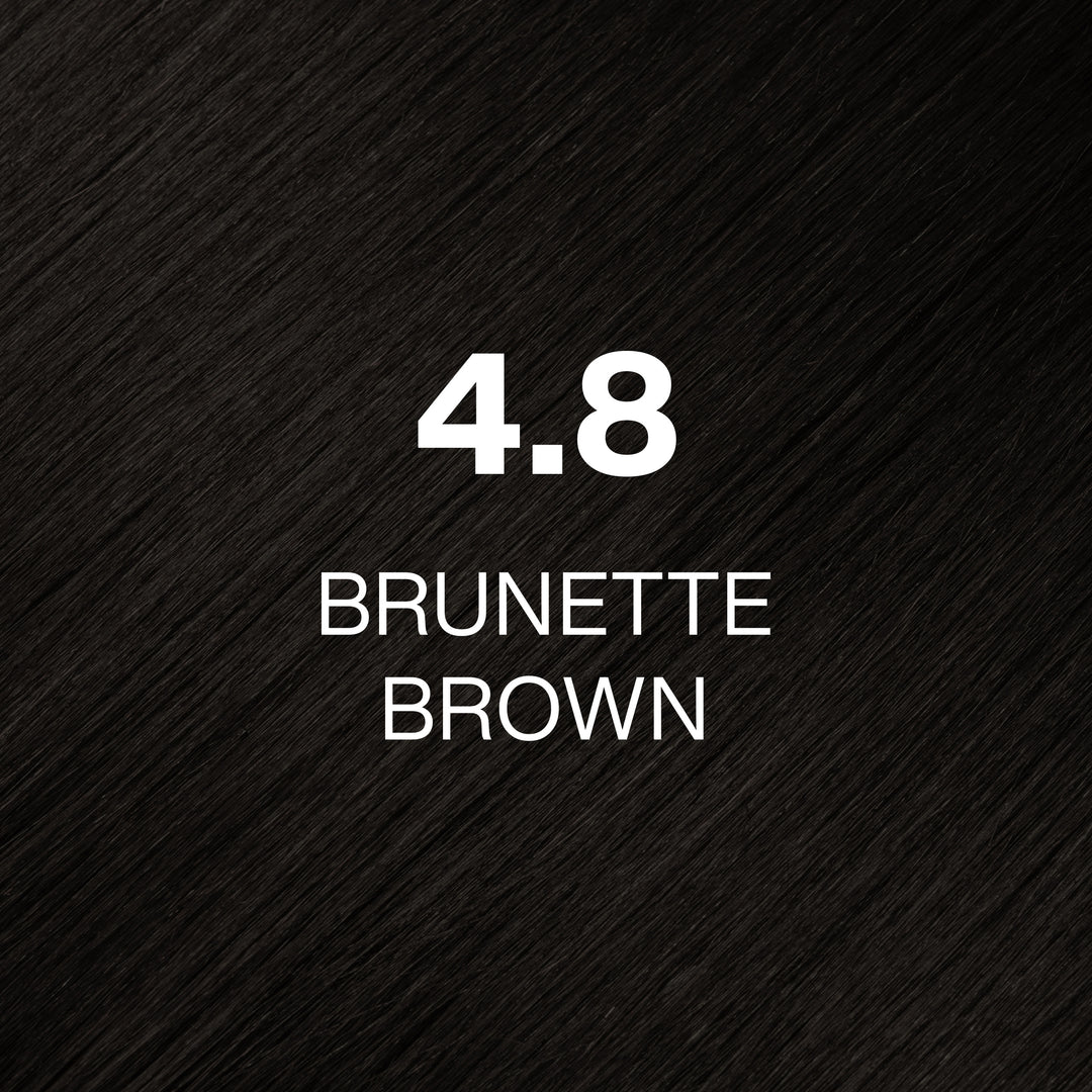 GK Hair Juvexin Cream Color 4.8 Brunette Brown swatch: near-black neutral brown hair texture, shade name in white