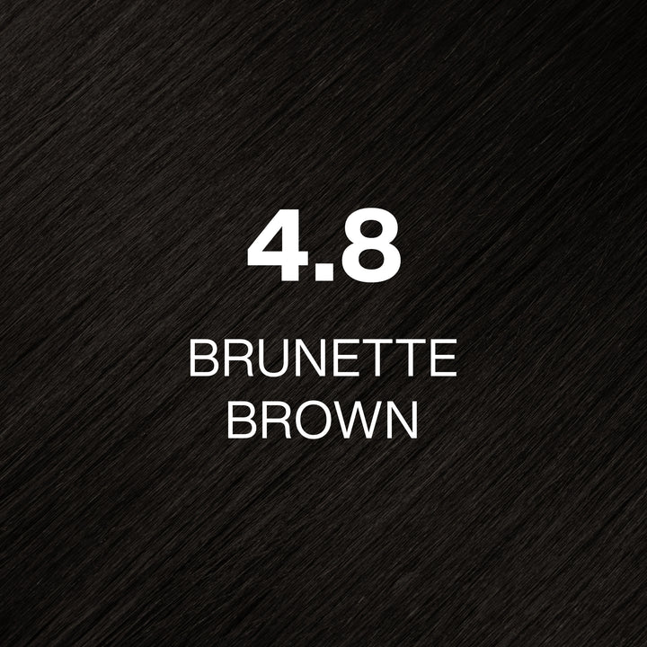 GK Hair Juvexin Cream Color 4.8 Brunette Brown swatch: near-black neutral brown hair texture, shade name in white