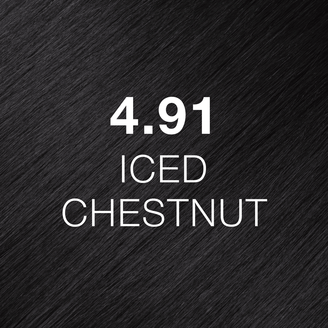 GK Hair Juvexin Cream Color 4.91 Iced Chestnut swatch: cool graphite-gray black-brown hair texture, white text