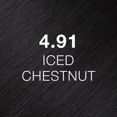 Silky hair texture showcasing the GK Hair's Juxevin Cream Color "4.91 Iced Chesnut" in bold white text.