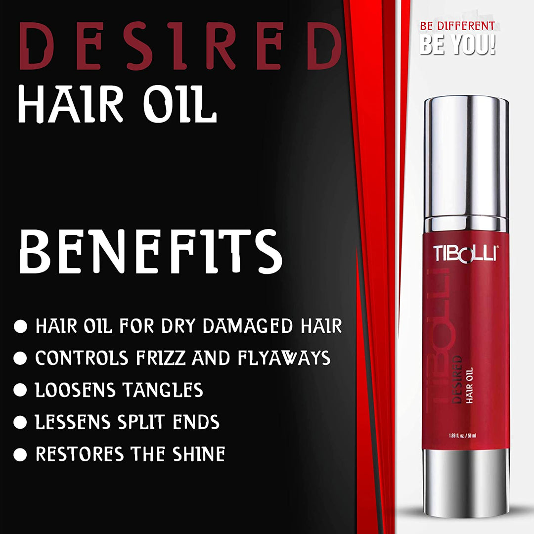 Tibolli Desired Hair Oil benefits: for dry damaged hair, controls frizz and flyaways, loosens tangles, lessens split ends, restores shine