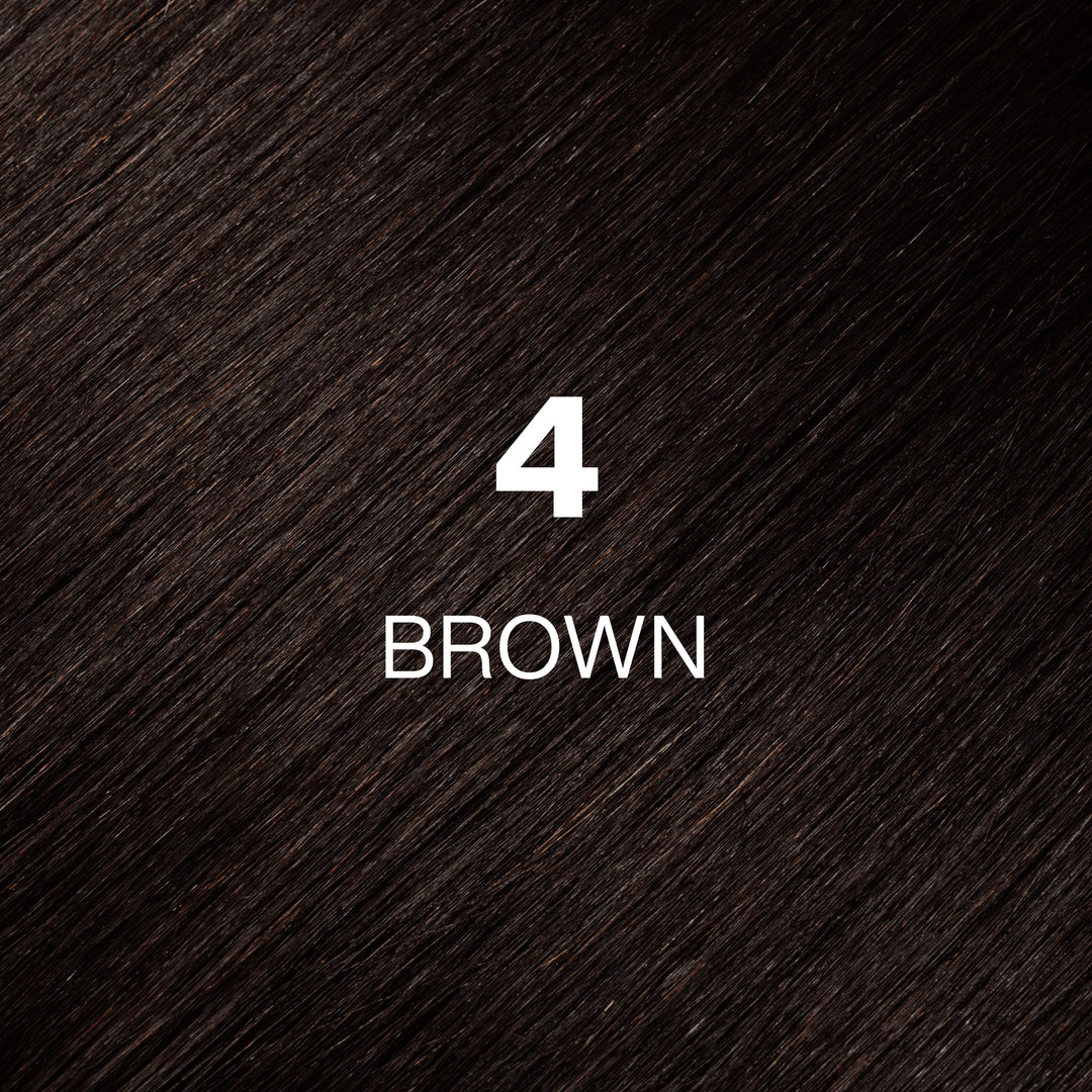 GK Hair Juvexin Cream Color 4 Brown swatch: warm dark brown hair texture with the shade name in white text