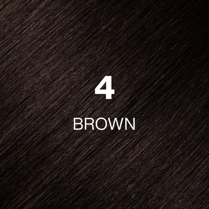 GK Hair Juvexin Cream Color 4 Brown swatch: warm dark brown hair texture with the shade name in white text