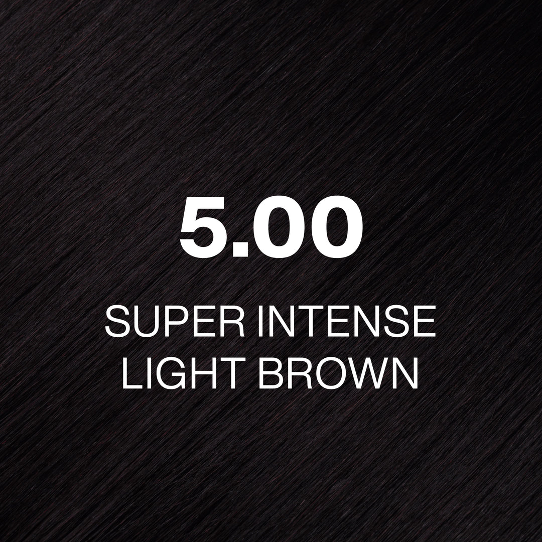 GK Hair Juvexin Cream Color 5.00 Super Intense Light Brown hair color swatch, glossy near-black brown hair texture