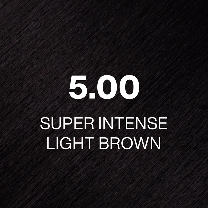 GK Hair Juvexin Cream Color 5.00 Super Intense Light Brown hair color swatch, glossy near-black brown hair texture
