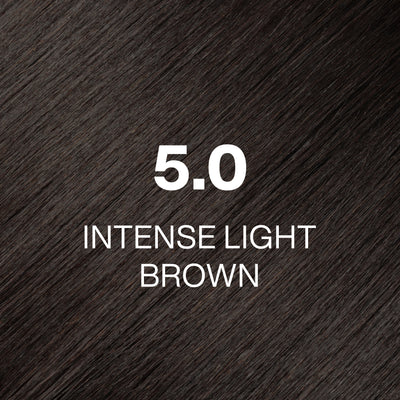 Silky hair texture showcasing the GK Hair's Juxevin Cream Color "5.0 Intense Light Brown" in bold white text.
