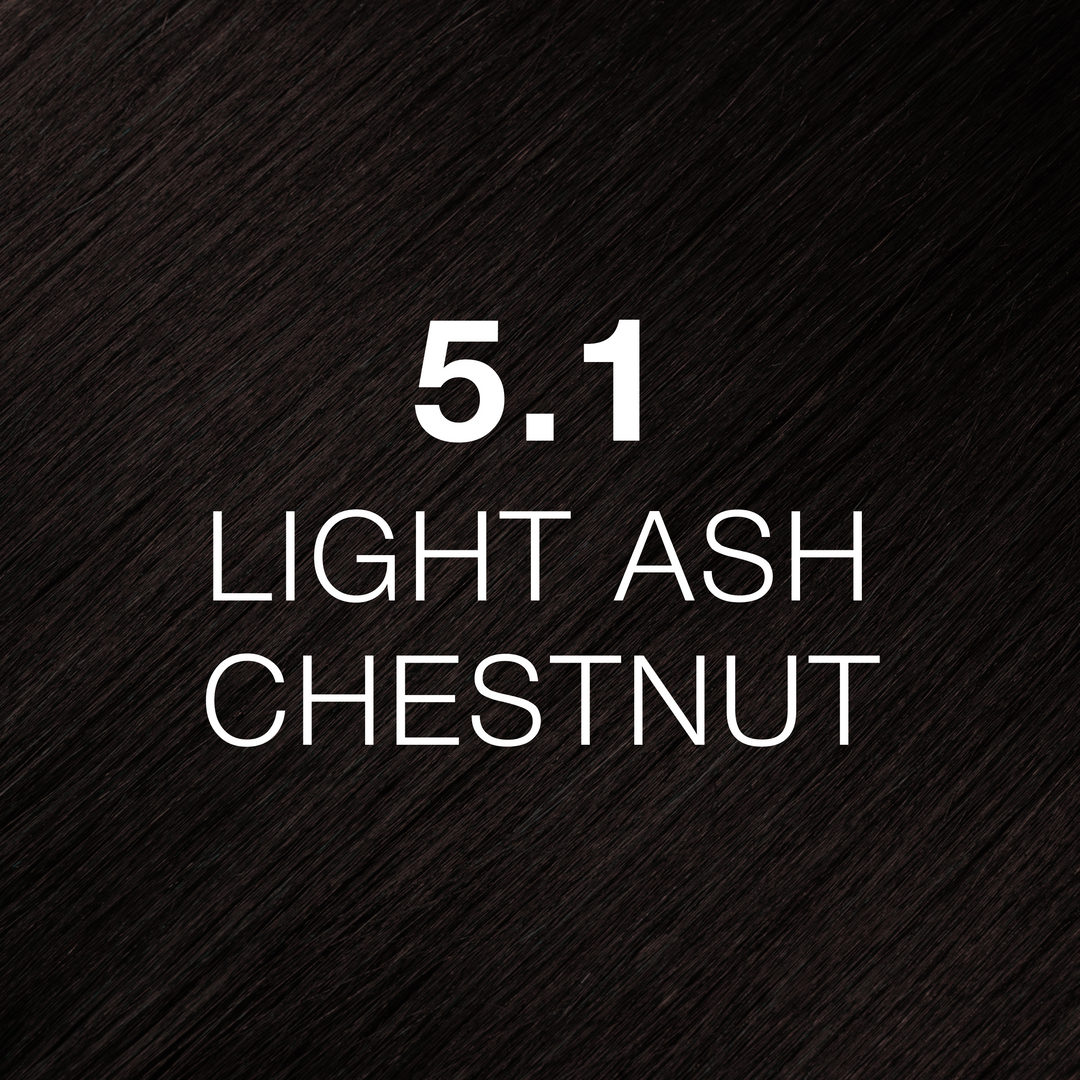 GK Hair Juvexin Cream Color 5.1 Light Ash Chestnut hair color swatch, very dark near-black brown hair texture
