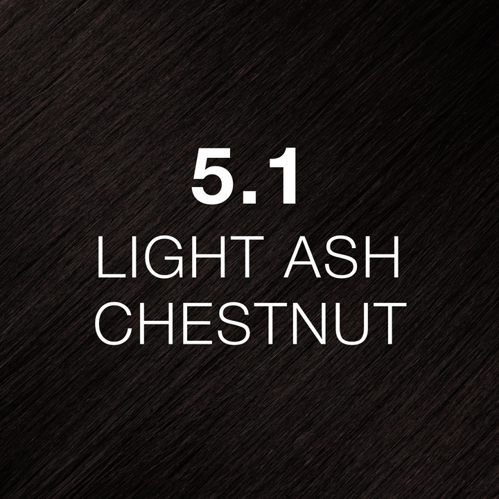 GK Hair Juvexin Cream Color 5.1 Light Ash Chestnut hair color swatch, very dark near-black brown hair texture