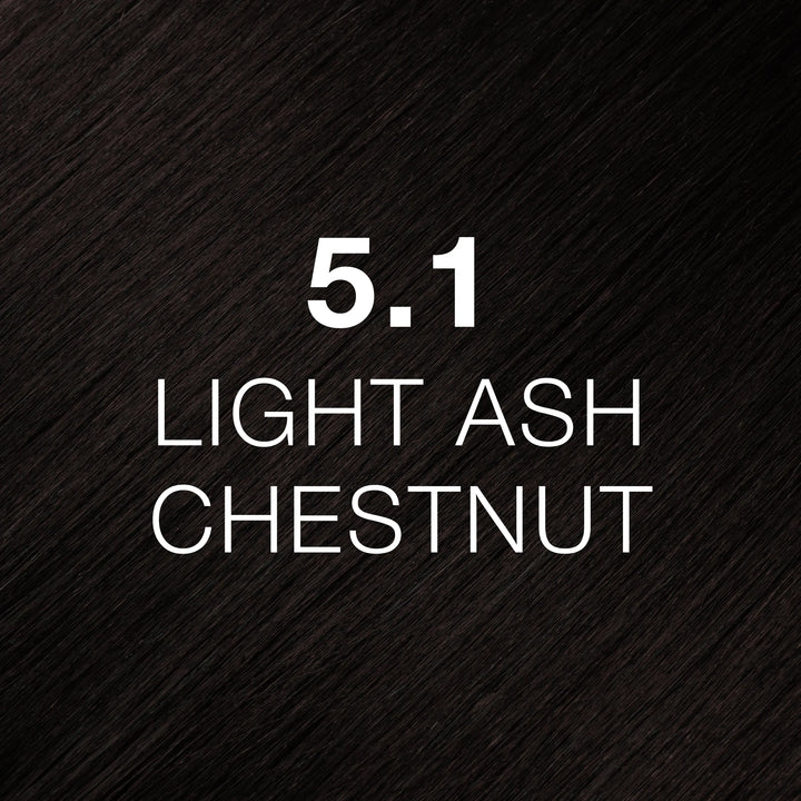 GK Hair Juvexin Cream Color 5.1 Light Ash Chestnut hair color swatch, near-black brown hair texture, name in white