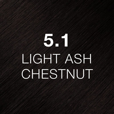 Silky hair texture showcasing the GK Hair's Juxevin Cream Color "5.1 Light Ash Chestnut" in bold white text.