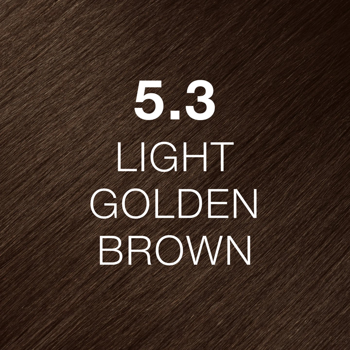 GK Hair Juvexin Cream Color 5.3 Light Golden Brown hair color swatch, warm golden-brown hair texture, name in white