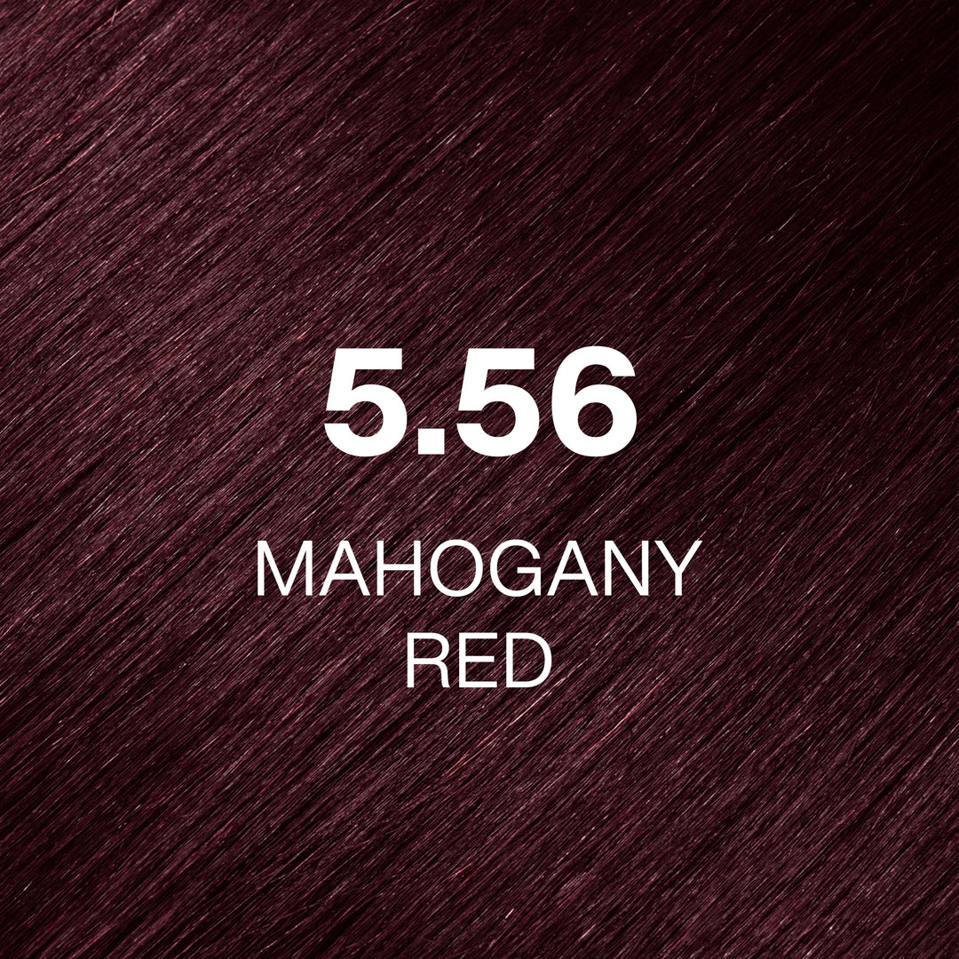 GK Hair Juvexin Cream Color 5.56 Mahogany Red hair color swatch, deep burgundy-red hair texture with the name in white