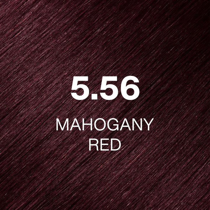 GK Hair Juvexin Cream Color 5.56 Mahogany Red hair color swatch, deep burgundy-red hair texture with the name in white