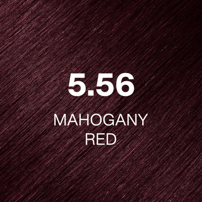 Silky hair texture showcasing the GK Hair's Juxevin Cream Color "5.56 Mahogany Red" in bold white text.