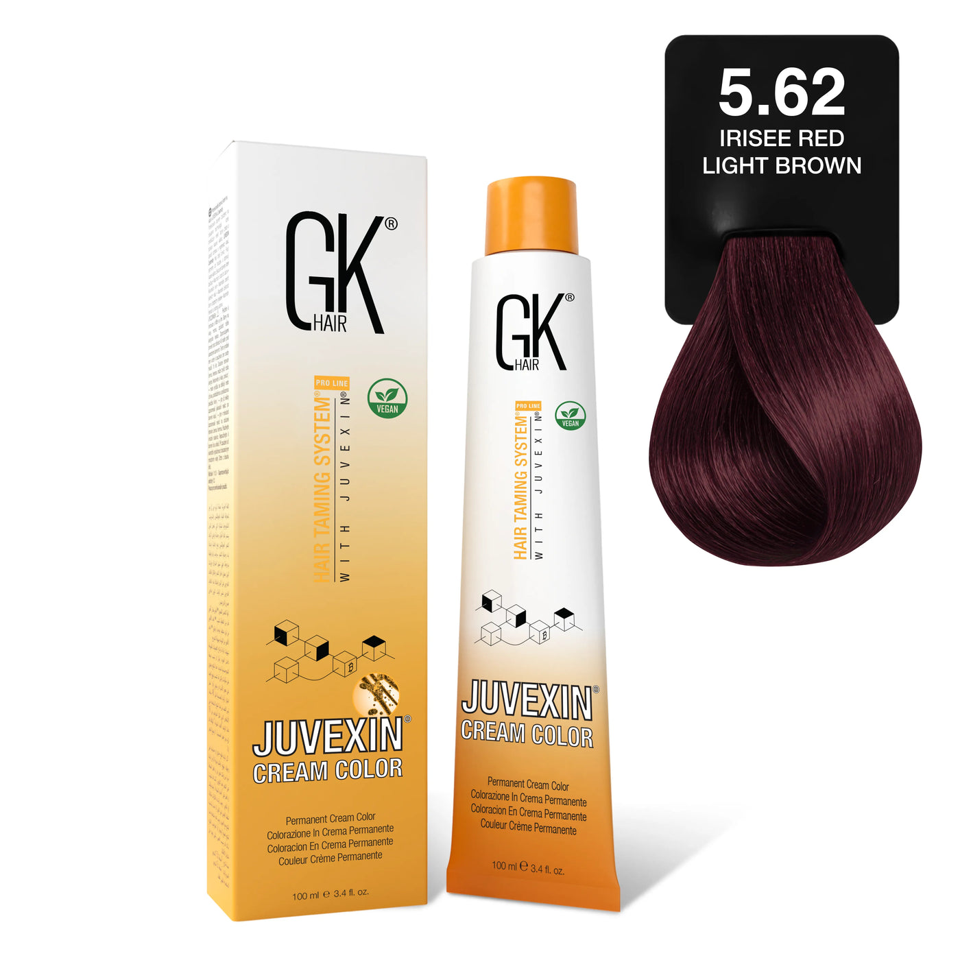 GK Hair's Juvexin 5.62 Irisee Red Light Brown Cream Color product set.