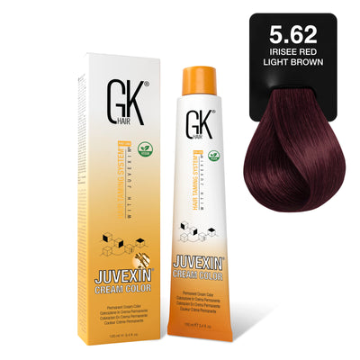GK Hair's Juvexin 5.62 Irisee Red Light Brown Cream Color product set.