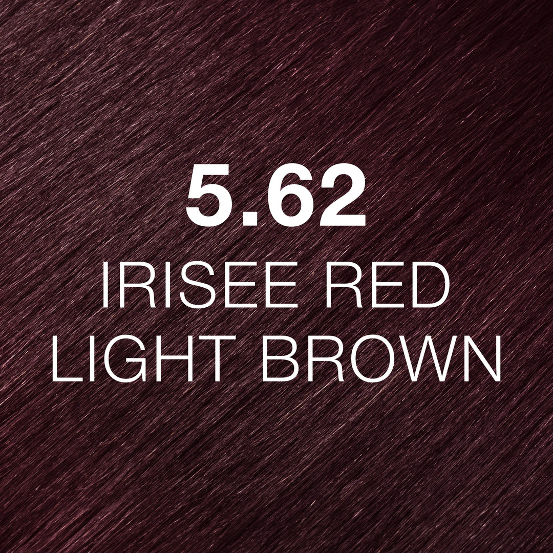 GK Hair Juvexin Cream Color 5.62 Irisee Red Light Brown hair color swatch, dark plum-red hair texture, name in white
