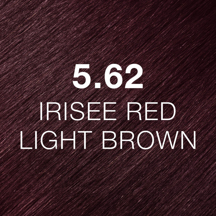 GK Hair Juvexin Cream Color 5.62 Irisee Red Light Brown hair color swatch, dark plum-red hair texture, name in white