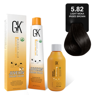 GK Hair's Juvexin 5.82 Light Moka Irisee Brown Cream Color product set including Volume Developer.