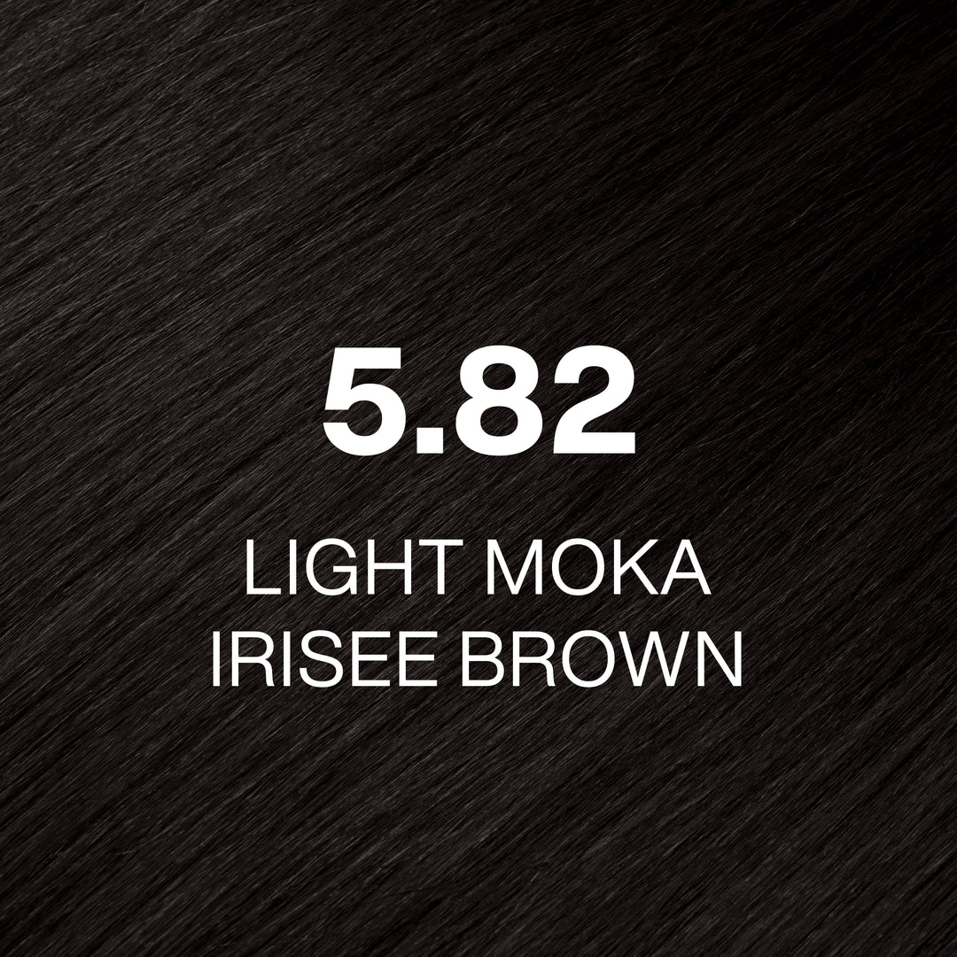 GK Hair Juvexin Cream Color 5.82 Light Moka Irisee Brown hair color swatch, near-black cool mocha-brown hair texture