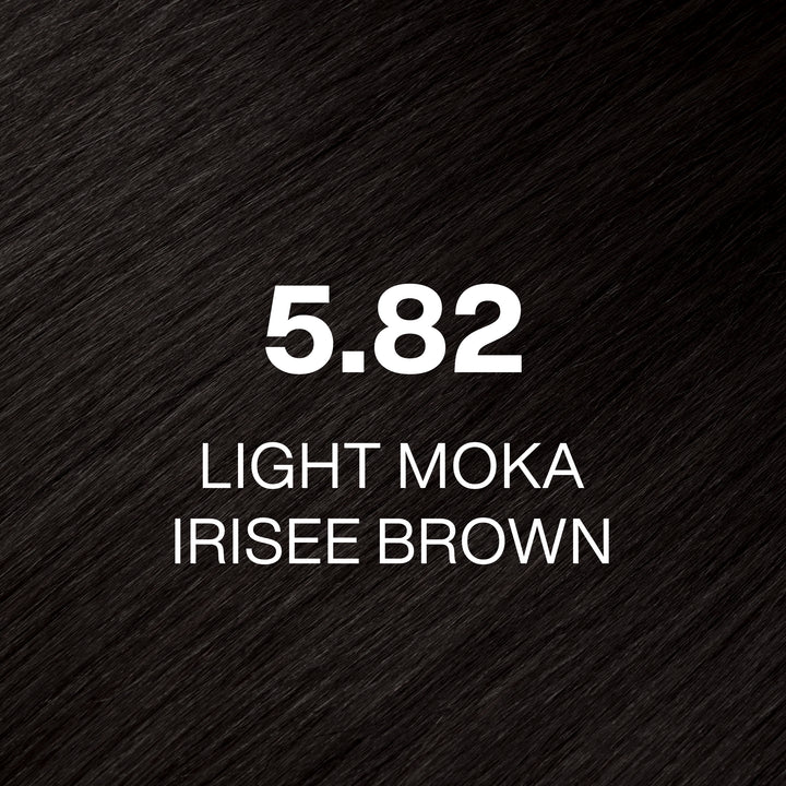 GK Hair Juvexin Cream Color 5.82 Light Moka Irisee Brown hair color swatch, near-black cool mocha-brown hair texture