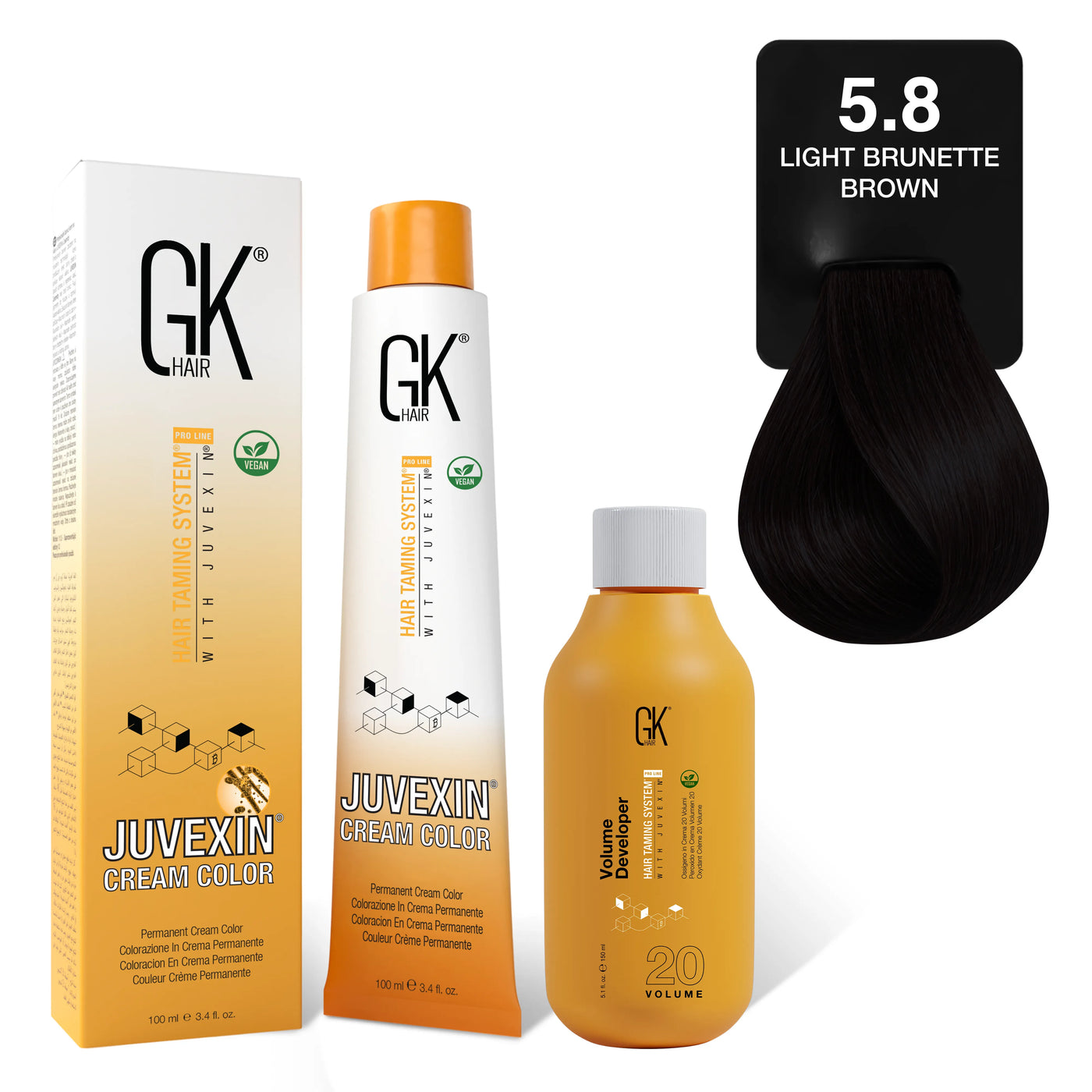 GK Hair's Juvexin 5.8 Light Brunette Brown Cream Color product set including Volume Developer.