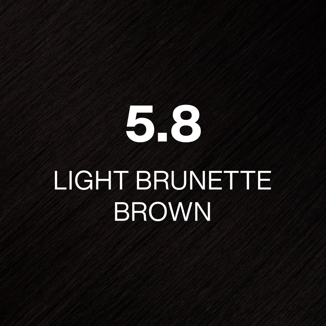 GK Hair Juvexin Cream Color 5.8 Light Brunette Brown hair color swatch, near-black dark brown hair texture