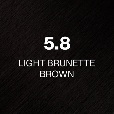 Silky hair texture showcasing the GK Hair's Juxevin Cream Color "5.8 Light Brunette Brown" in bold white text.