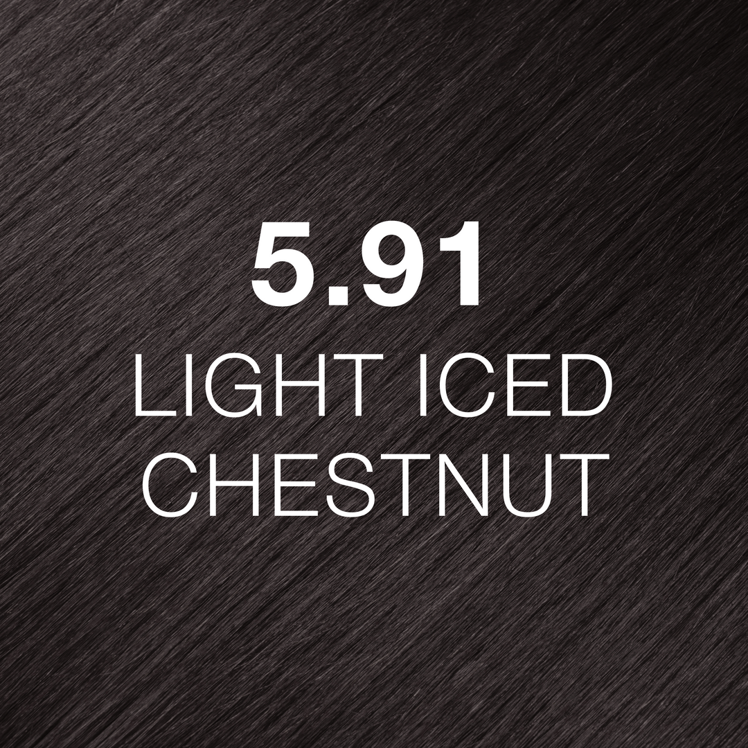 GK Hair Juvexin Cream Color 5.91 Light Iced Chestnut hair color swatch, cool ashy gray-brown hair texture close-up