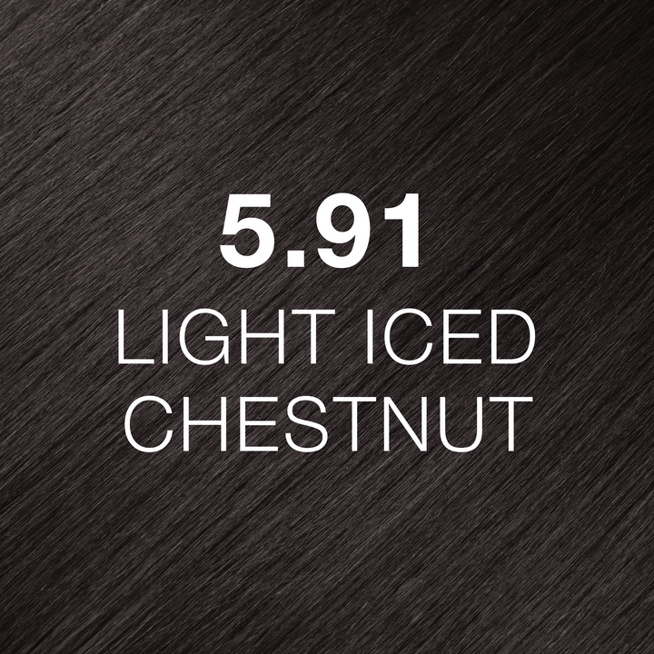 GK Hair Juvexin Cream Color 5.91 Light Iced Chestnut hair color swatch, cool ashy gray-brown hair texture close-up