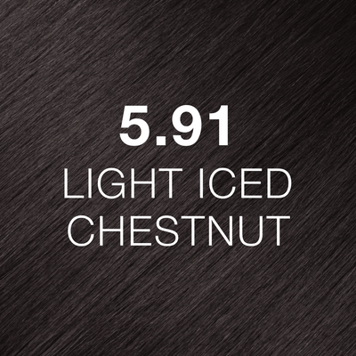 Silky hair texture showcasing the GK Hair's Juxevin Cream Color "5.91 Light Iced Chestnut" in bold white text.