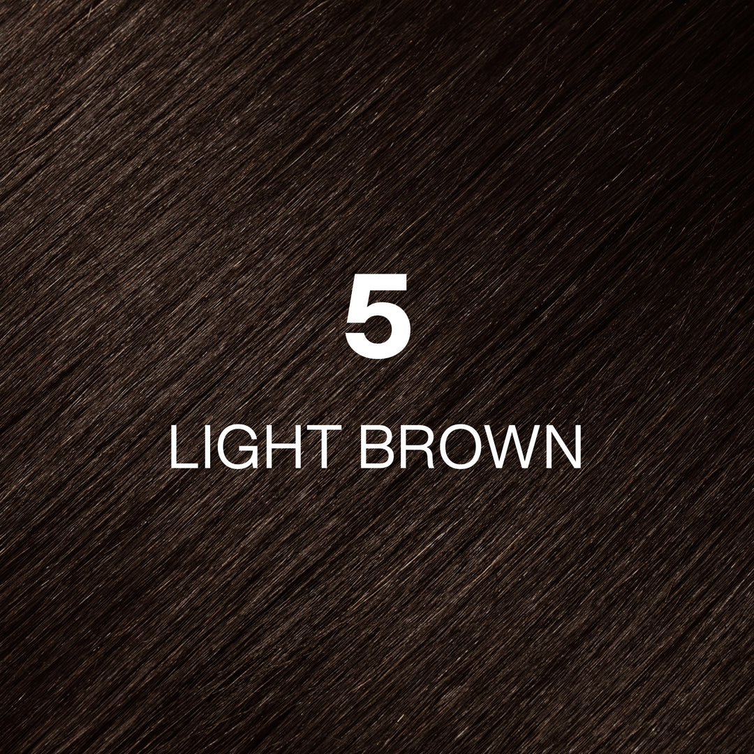 GK Hair Juvexin Cream Color 5 Light Brown hair color swatch, glossy espresso-brown hair texture with the name in white