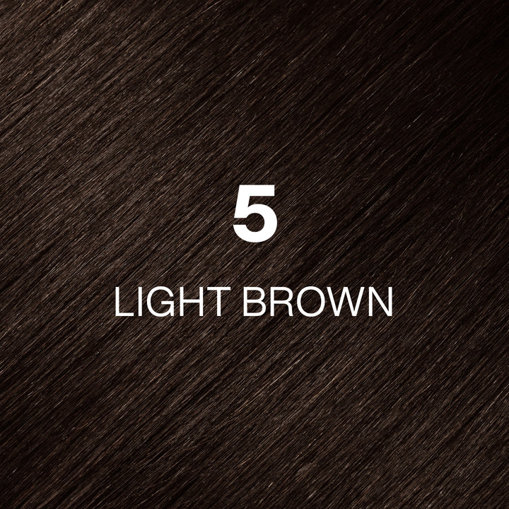 GK Hair Juvexin Cream Color 5 Light Brown hair color swatch, glossy espresso-brown hair texture with the name in white