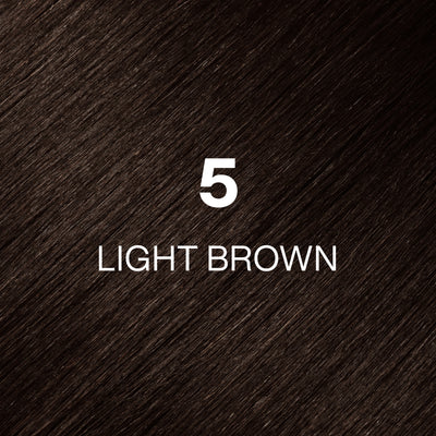 Silky hair texture showcasing the GK Hair's Juxevin Cream Color "5 Light Brown" in bold white text.