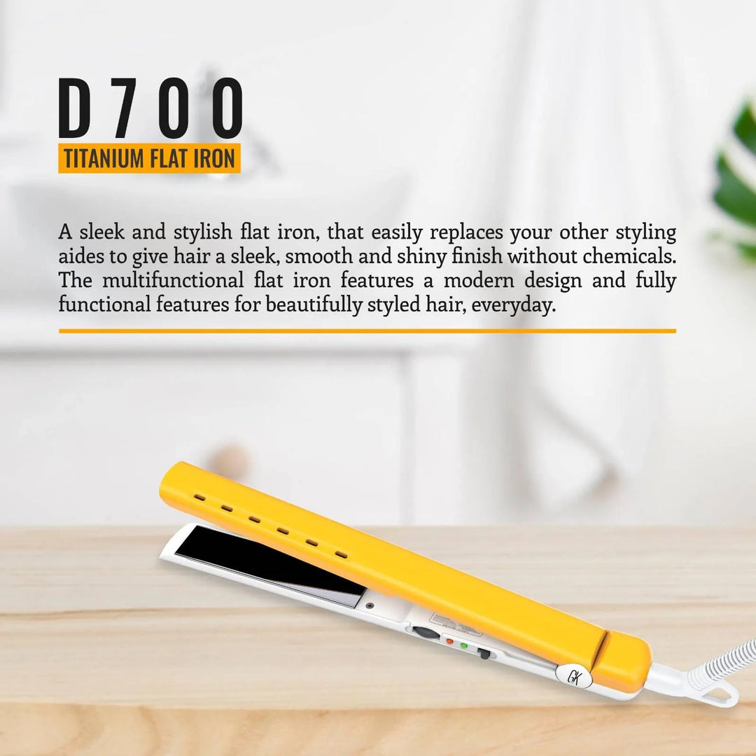 GK Hair D700 Titanium Flat Iron on a wood counter; text calls it a sleek multifunctional iron for shiny hair without chemicals