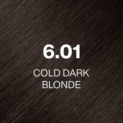 Silky hair texture showcasing the GK Hair's Juxevin Cream Color "6.01 Cold Dark Blonde" in bold white text.