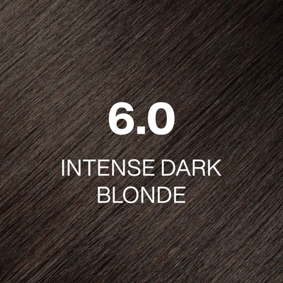 Silky hair texture showcasing the GK Hair's Juxevin Cream Color "6.0 Intense Dark Blonde" in bold white text.
