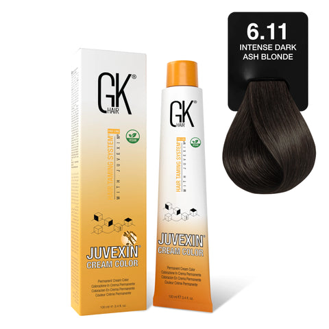 GK Hair's Juvexin 6.11 Intense Dark Ash Blonde Cream Color product set.