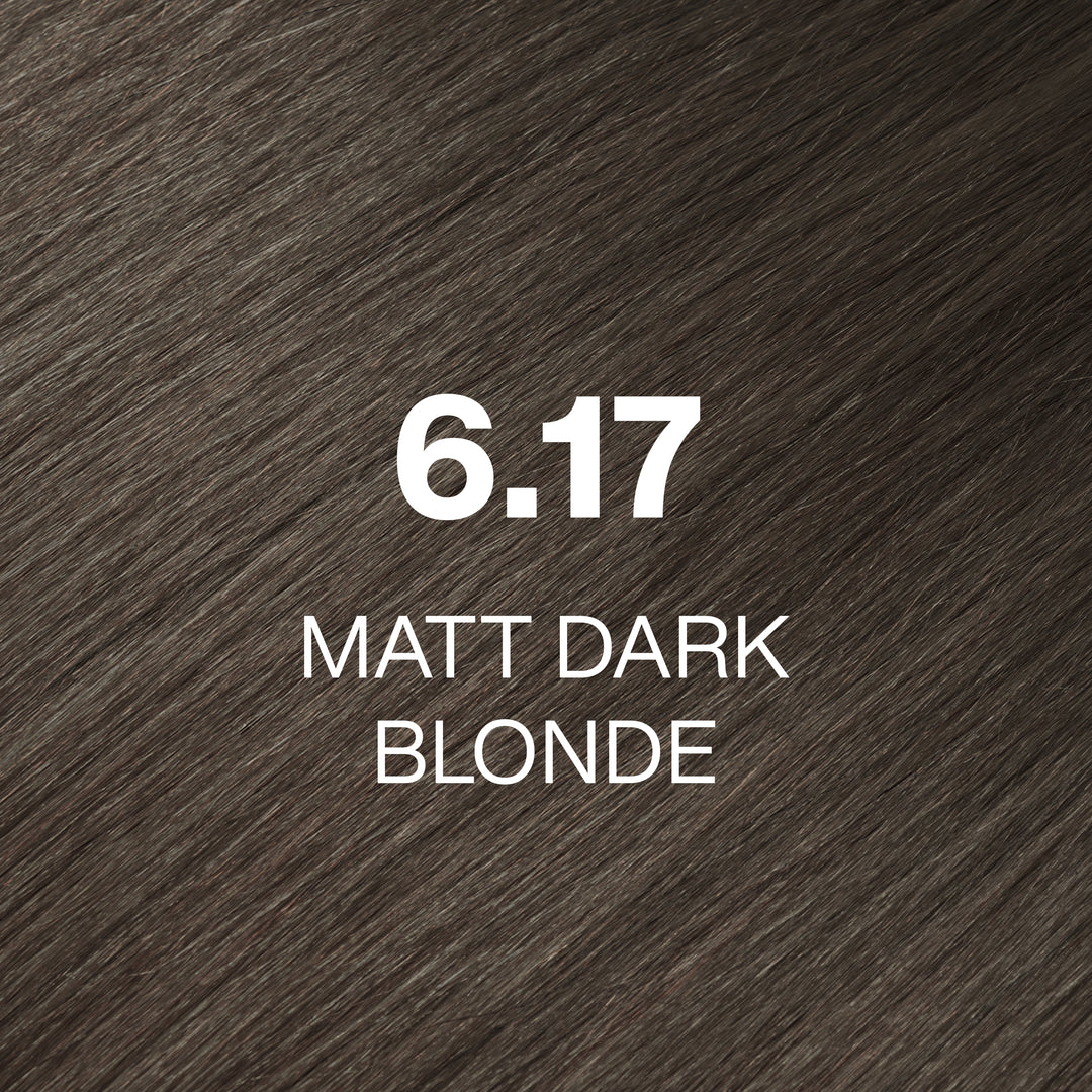 GK Hair Juvexin Cream Color swatch 6.17 Matt Dark Blonde, soft gray-brown mushroom hair texture labeled in white