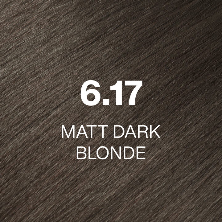 GK Hair Juvexin Cream Color swatch 6.17 Matt Dark Blonde, soft gray-brown mushroom hair texture labeled in white