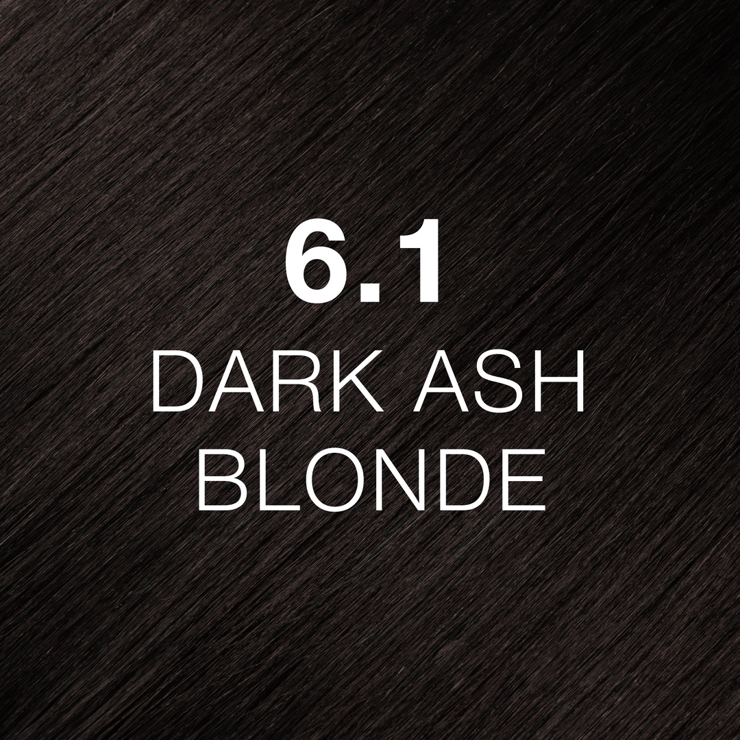 GK Hair Juvexin Cream Color swatch 6.1 Dark Ash Blonde, near-black cool brown hair texture labeled in white