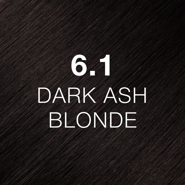 GK Hair Juvexin Cream Color swatch 6.1 Dark Ash Blonde, near-black cool brown hair texture labeled in white