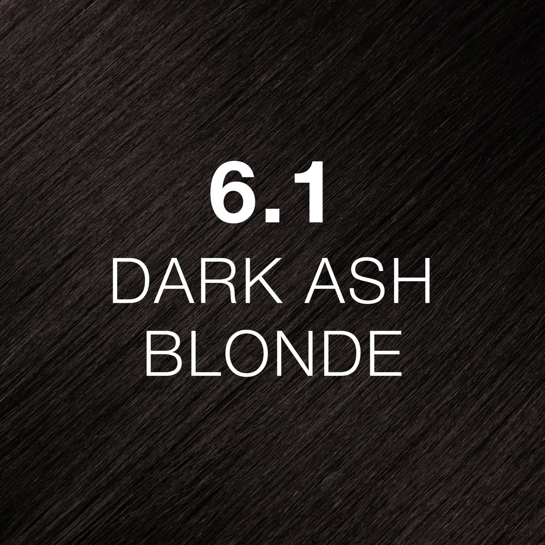Juvexin Cream Color shade 6.1 Dark Ash Blonde by GK Hair, near-black ashy brown hair texture labeled in white