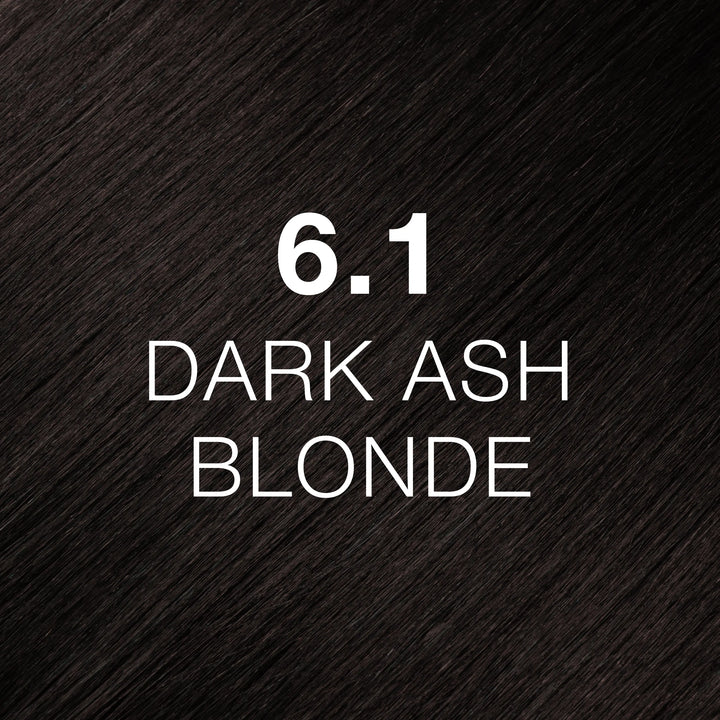 Juvexin Cream Color shade 6.1 Dark Ash Blonde by GK Hair, near-black ashy brown hair texture labeled in white
