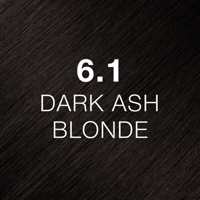 Silky hair texture showcasing the GK Hair's Juxevin Cream Color "6.1 Dark Ash Blonde" in bold white text.